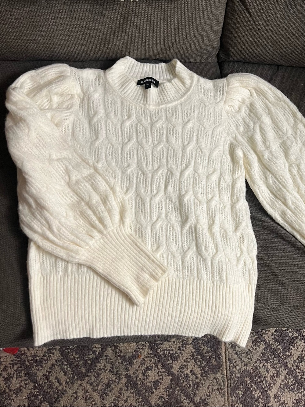 Express Cream Cable-Knit Puff-Sleeve Sweater